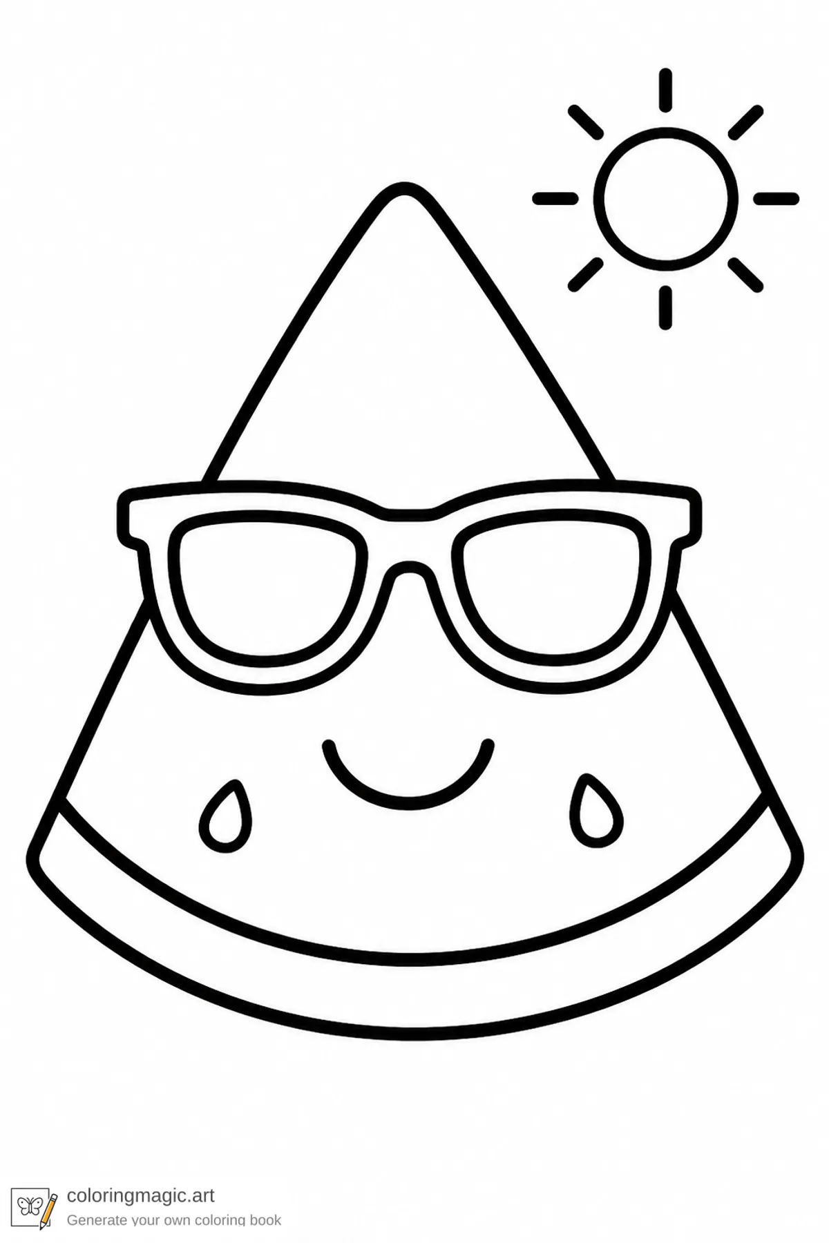 Toddler summer coloring page of a smiling watermelon slice wearing sunglasses with seeds and sun