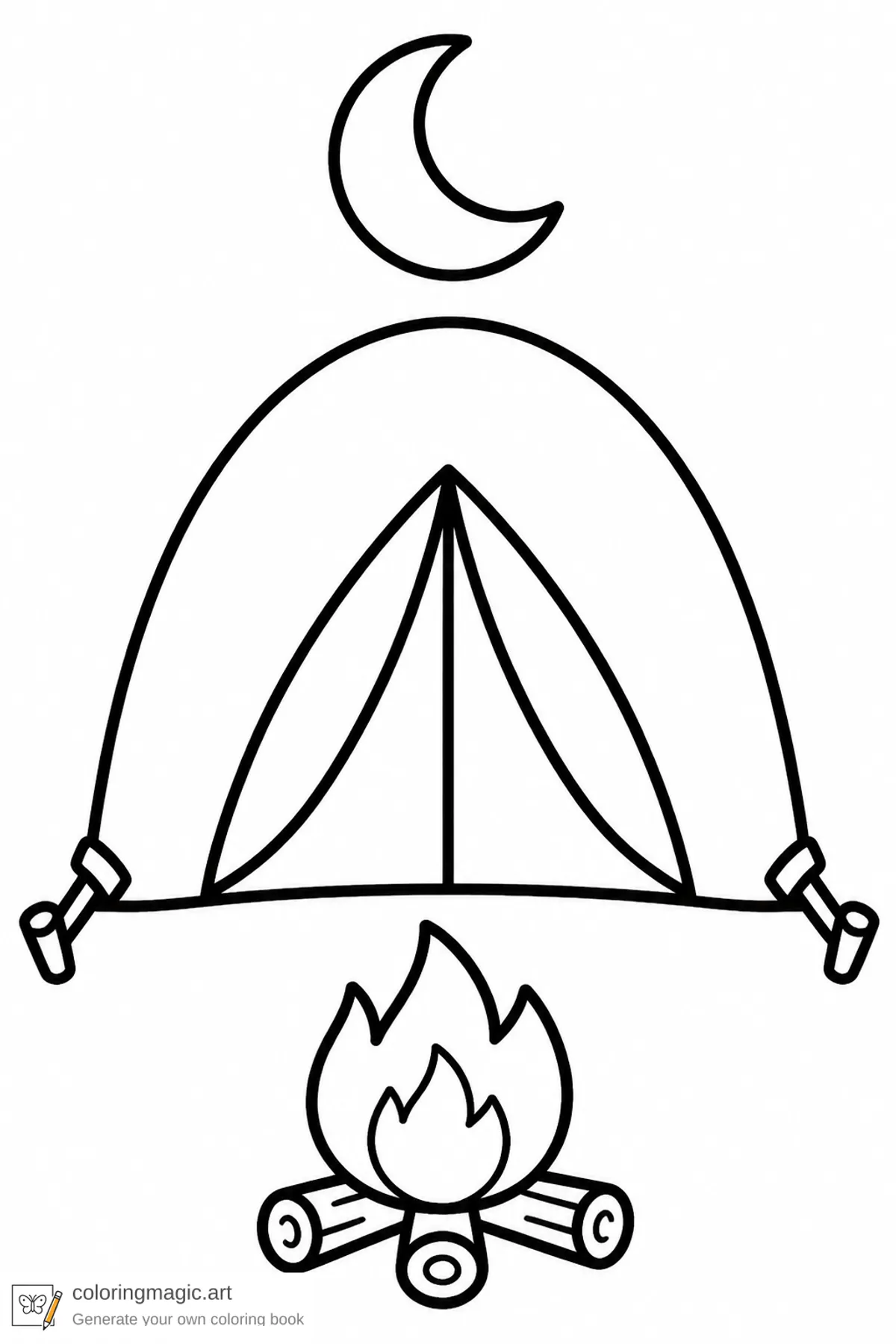 Toddler summer coloring page of a rounded camping tent with small campfire and crescent moon