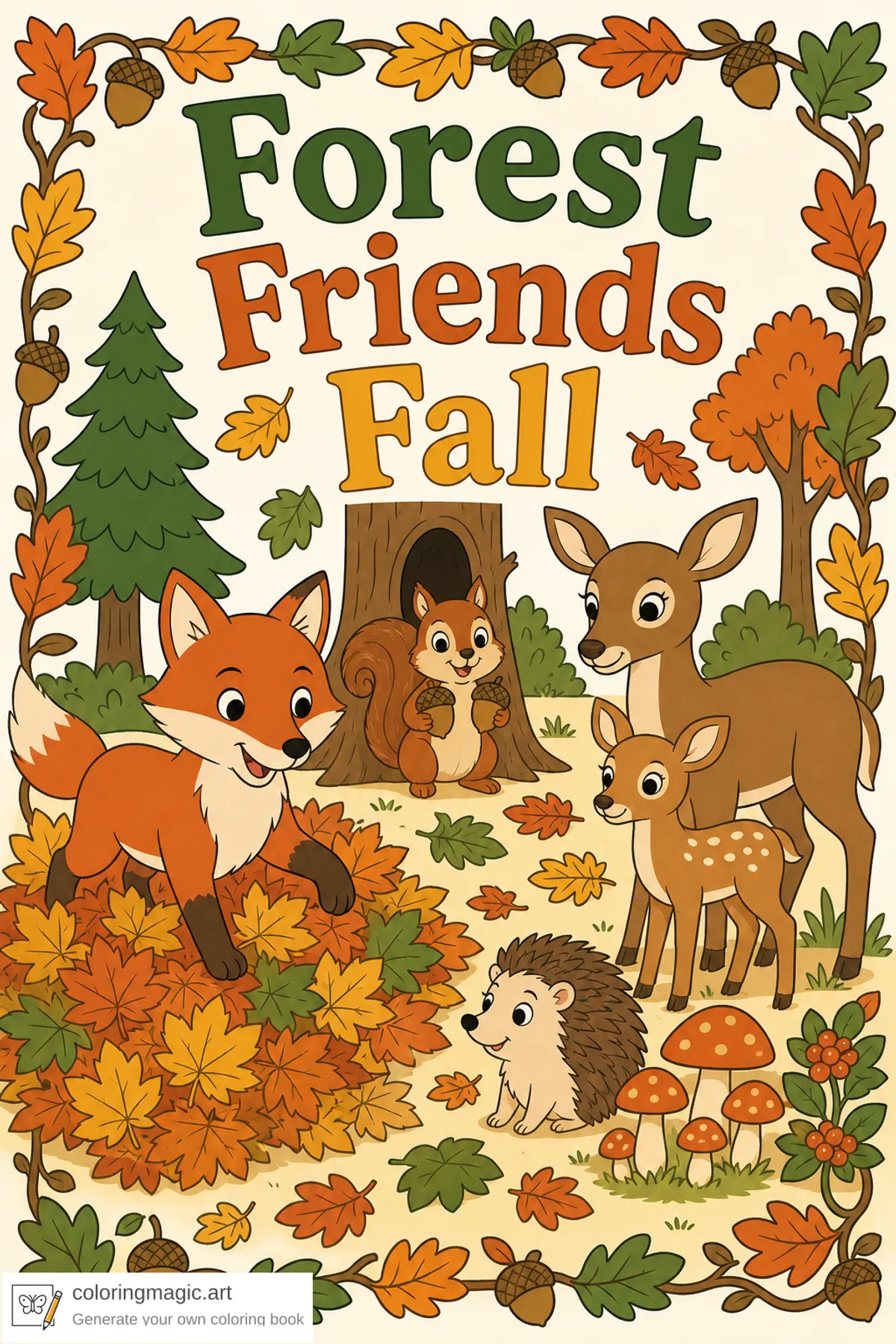 Forest Friends Fall coloring page front cover with fox squirrel hedgehog and deer among maple leaves