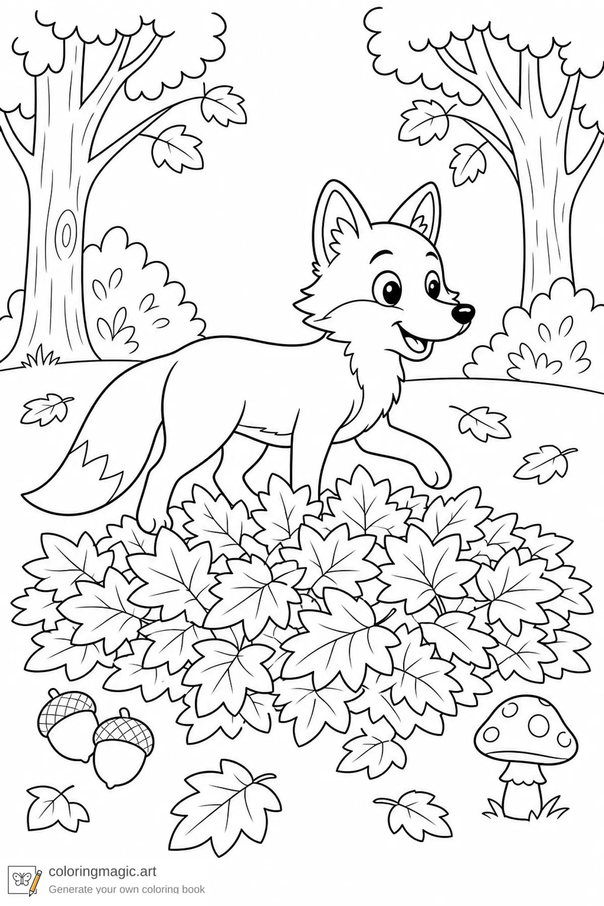 Fall forest coloring page of a friendly fox walking through maple leaves with acorns and a mushroom