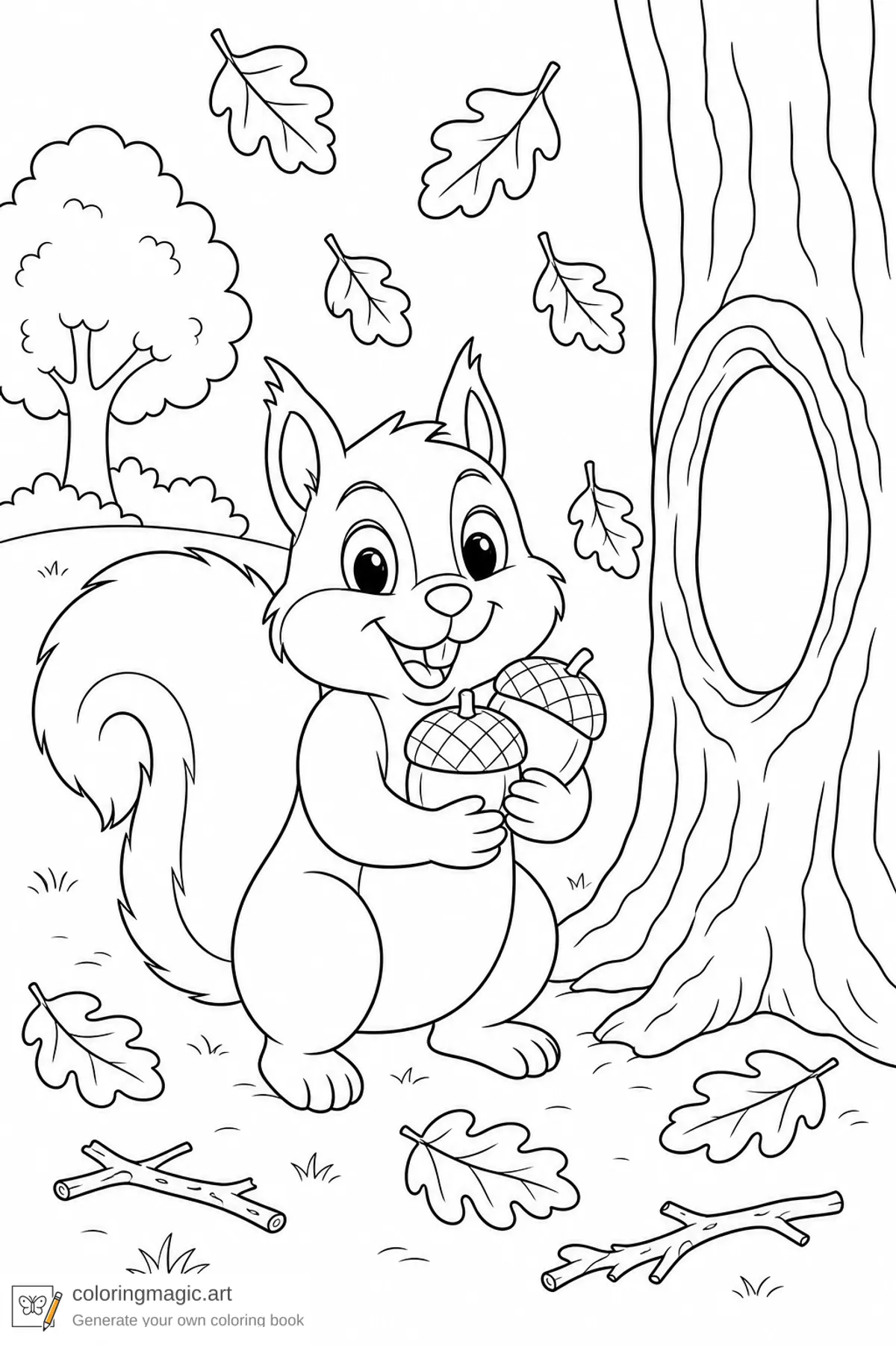 Fall forest coloring page of a squirrel holding acorns beside a tree hollow with drifting oak leaves