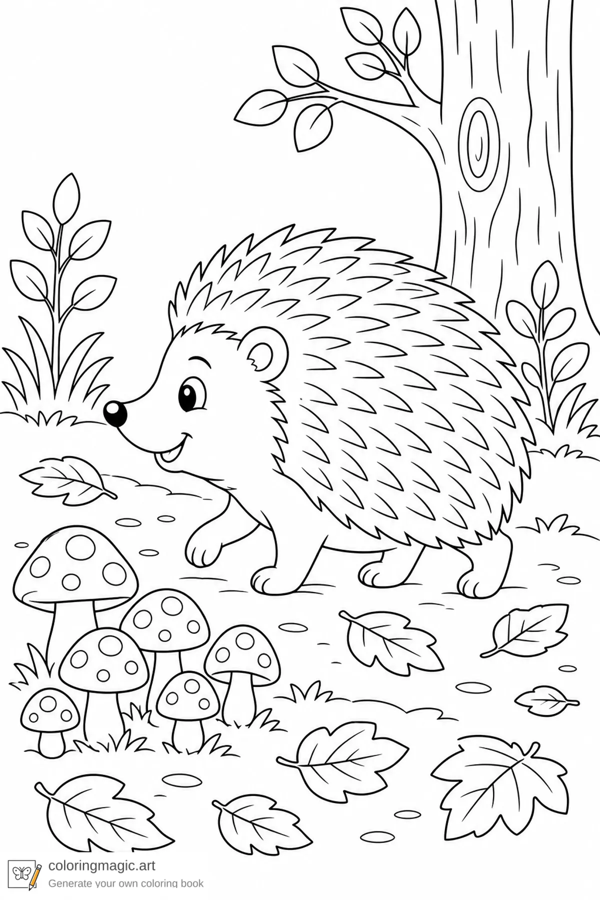 Fall forest coloring page of a hedgehog walking through a patch of rounded mushrooms and fallen leaves