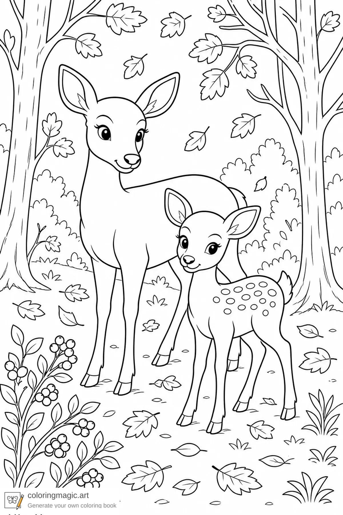 Fall forest coloring page of an adult deer and fawn in a golden autumn forest with berries