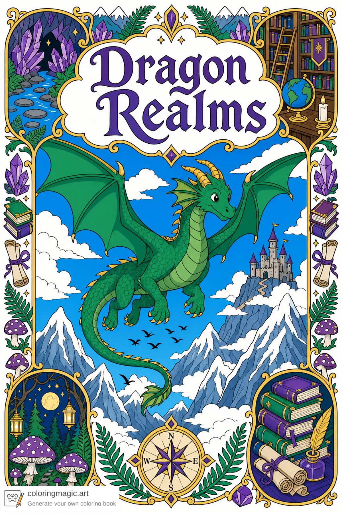 Dragon Realms coloring page front cover with flying dragon mountains crystal cave library and forest insets