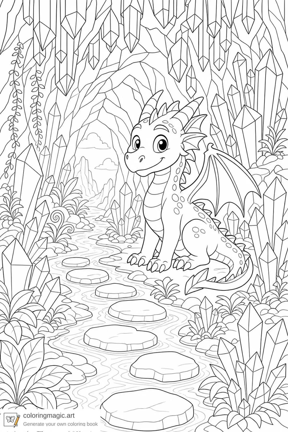 Tween fantasy dragon coloring page of a young dragon in a crystal cave with geometric crystals and a stream