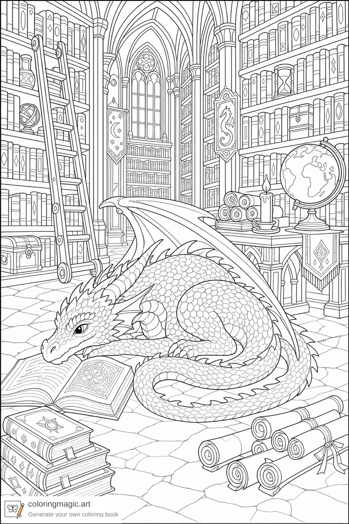 Tween fantasy dragon coloring page of a dragon curled beside library bookshelves scrolls globe and candle