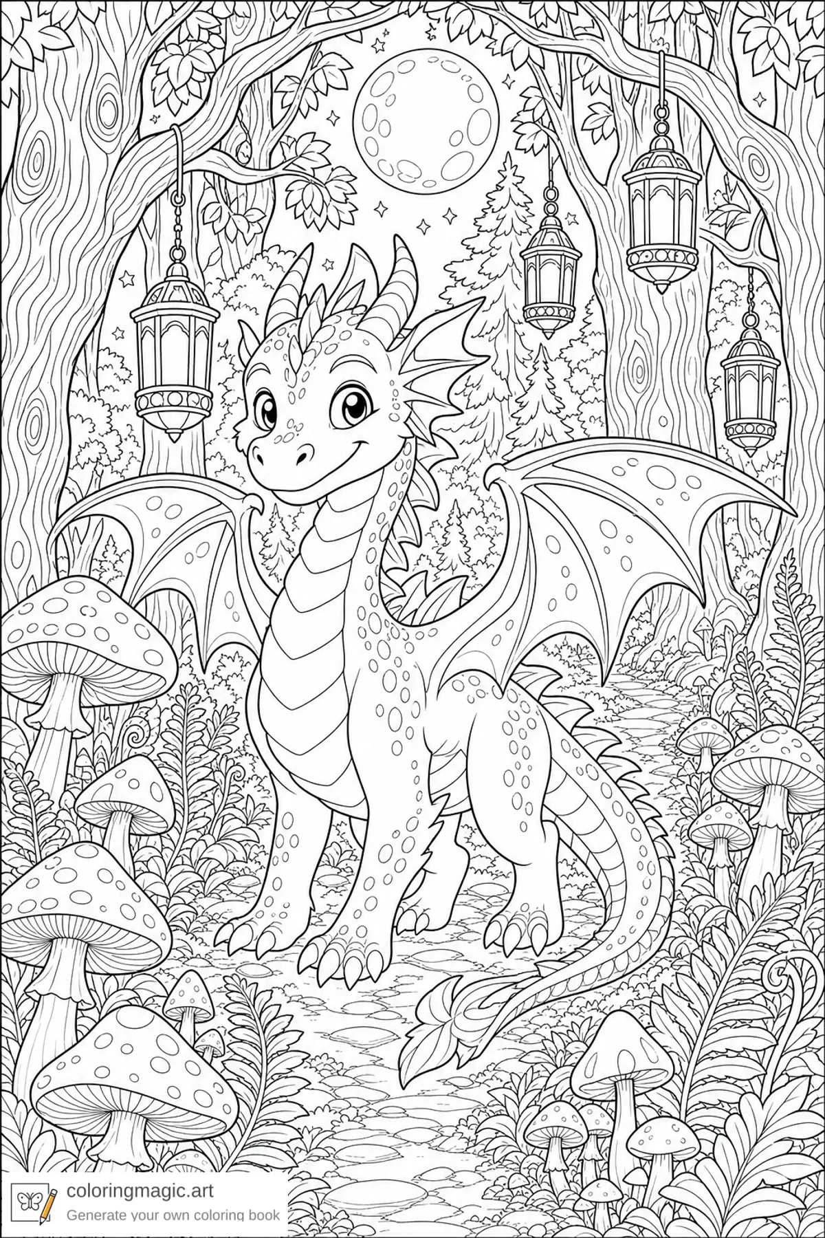 Tween fantasy dragon coloring page of a forest dragon among mushrooms ferns hanging lanterns and moonlit trees
