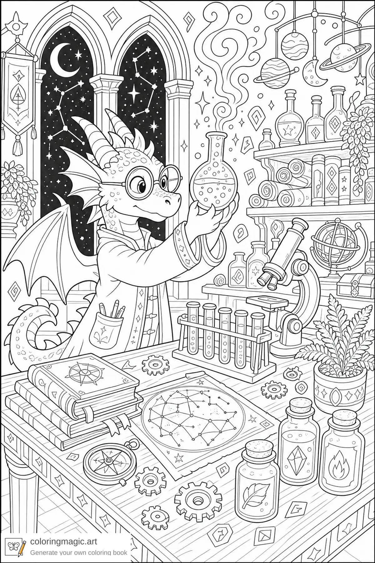 Tween fantasy dragon coloring page of a young dragon in glasses at a magical science lab with bubbling flask