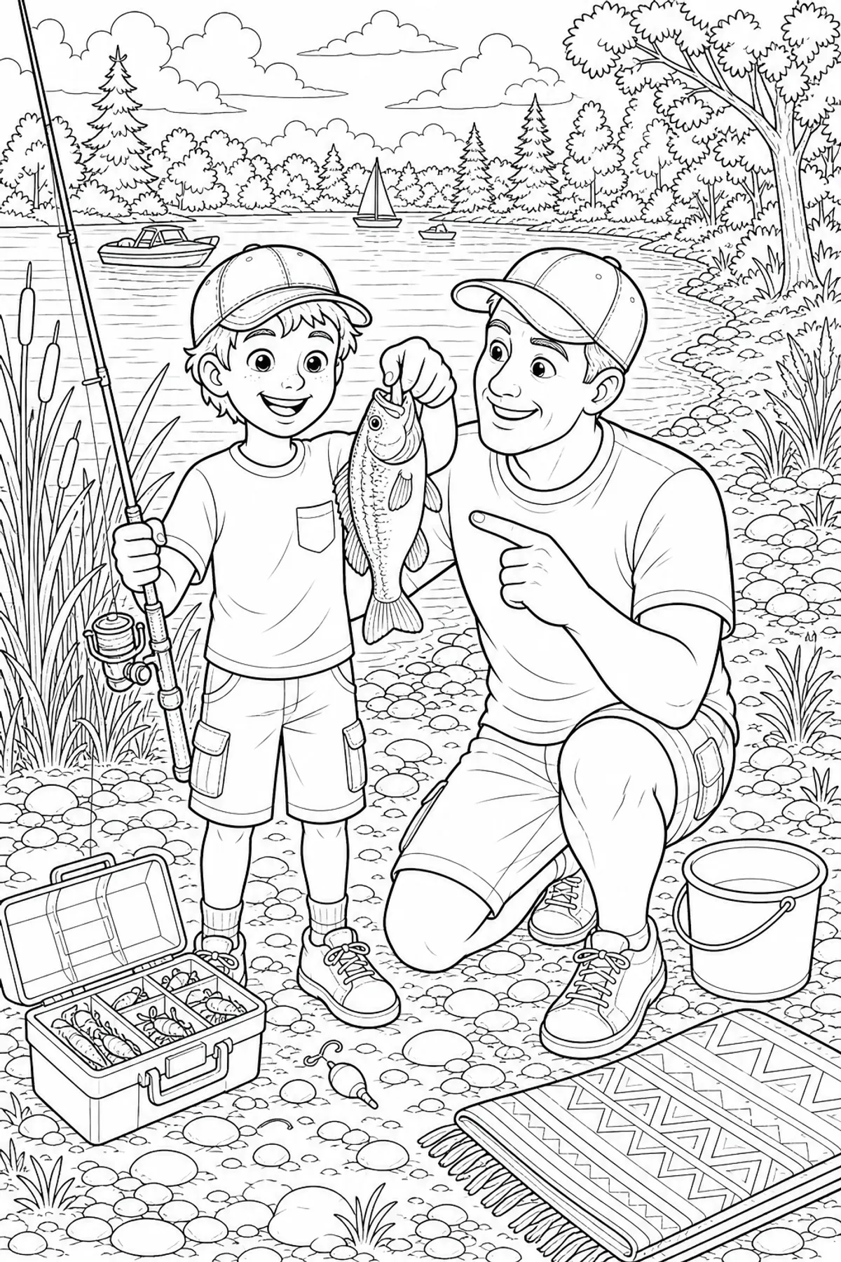 Father and child celebrating a first fish catch on a lakeshore coloring page