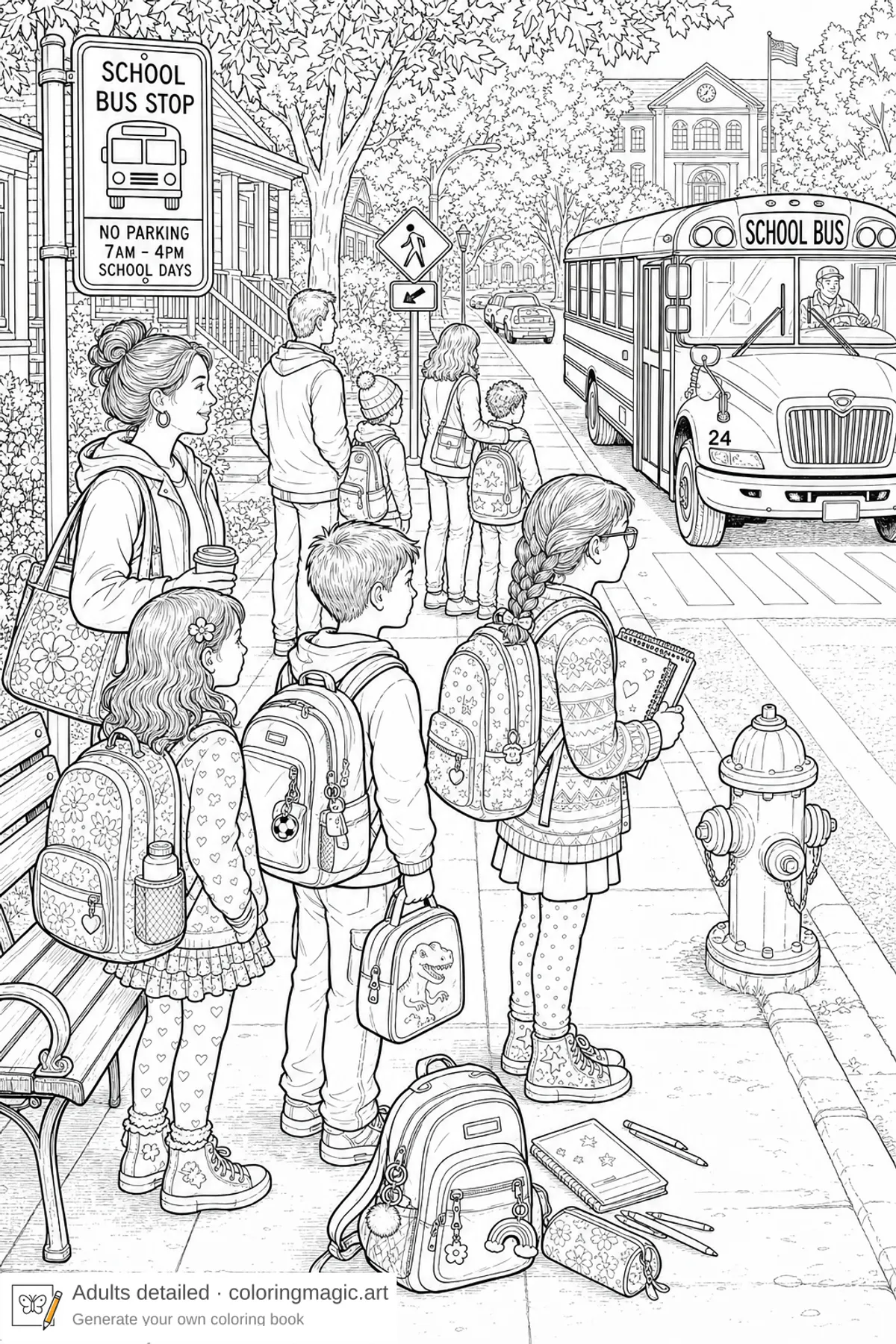 Fermata dello scuolabus al mattino naturalistica e dettagliata — disegno da colorare stampabile per adulti con alunni e genitori