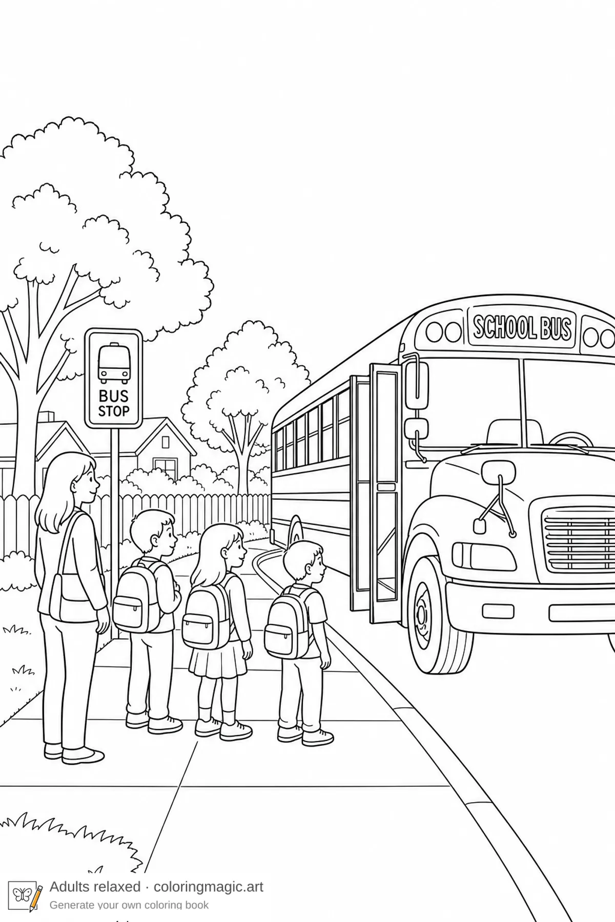 Fermata dello scuolabus tranquilla in periferia — disegno da colorare stampabile per colorare rilassato per adulti