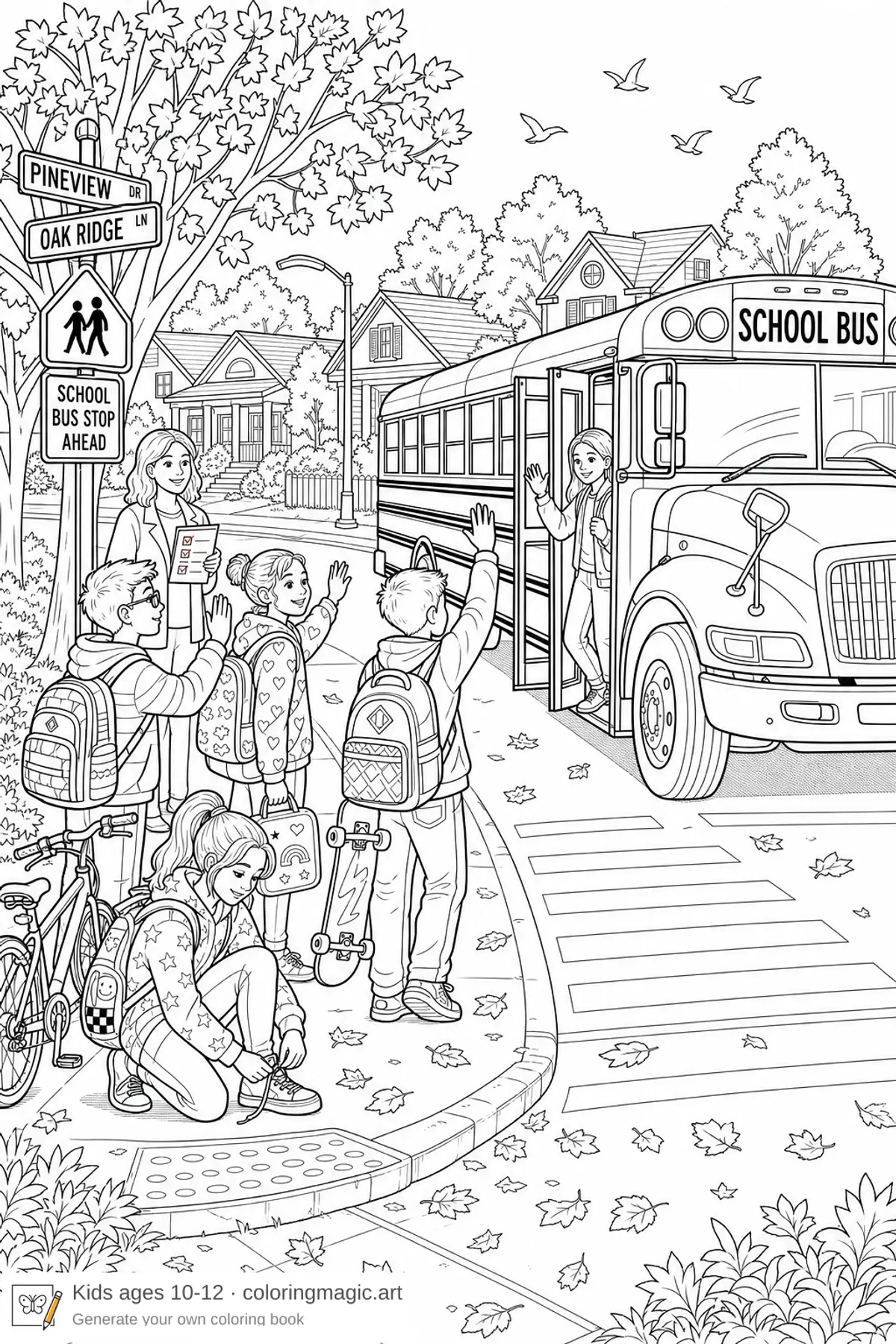 Bambini a una fermata del bus al mattino con scuolabus, zaini, skateboard e genitore con checklist — disegno da colorare 10 a 12 anni