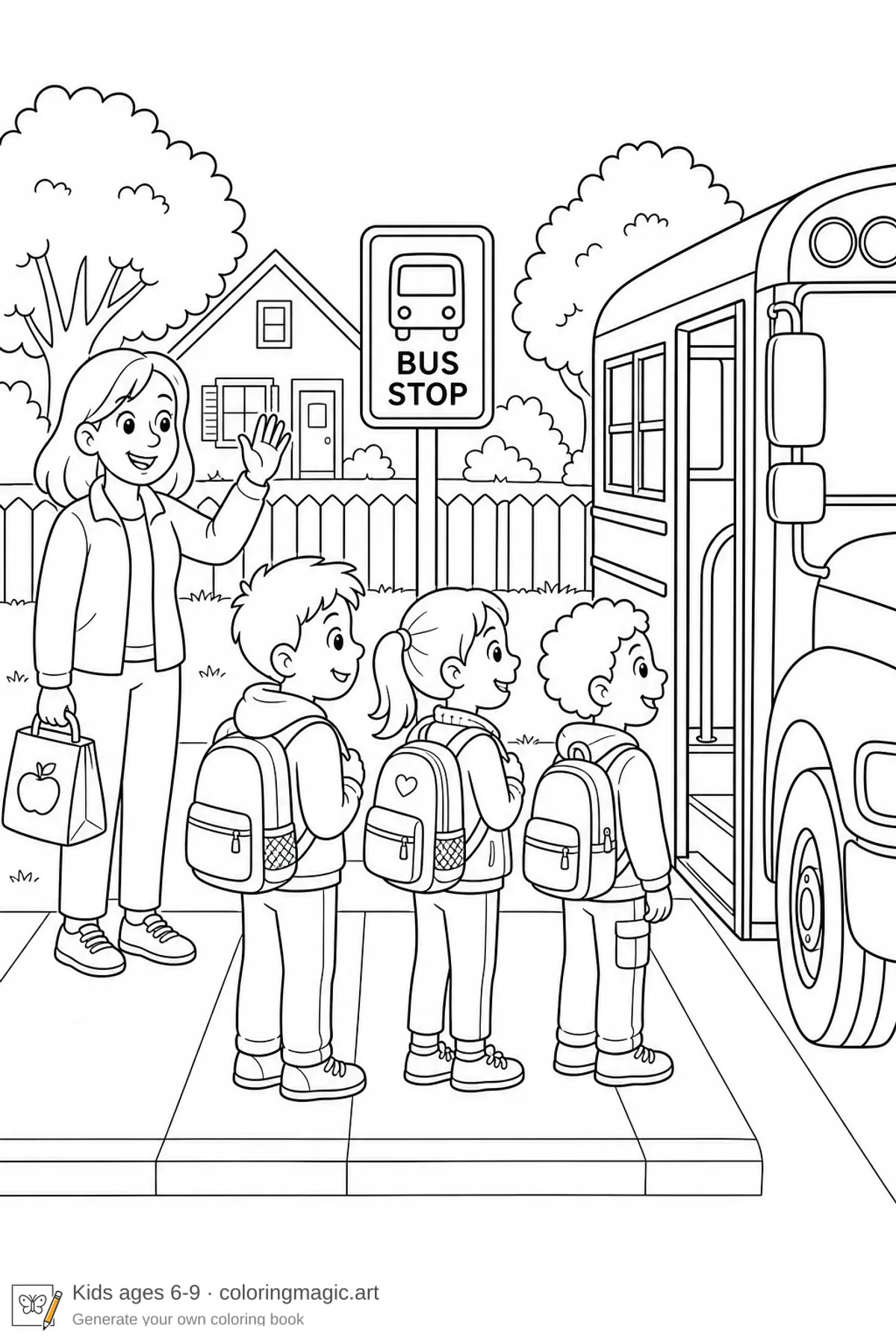 Bambini delle elementari alla fermata del bus con scuolabus e genitore che saluta — disegno da colorare 6 a 9 anni