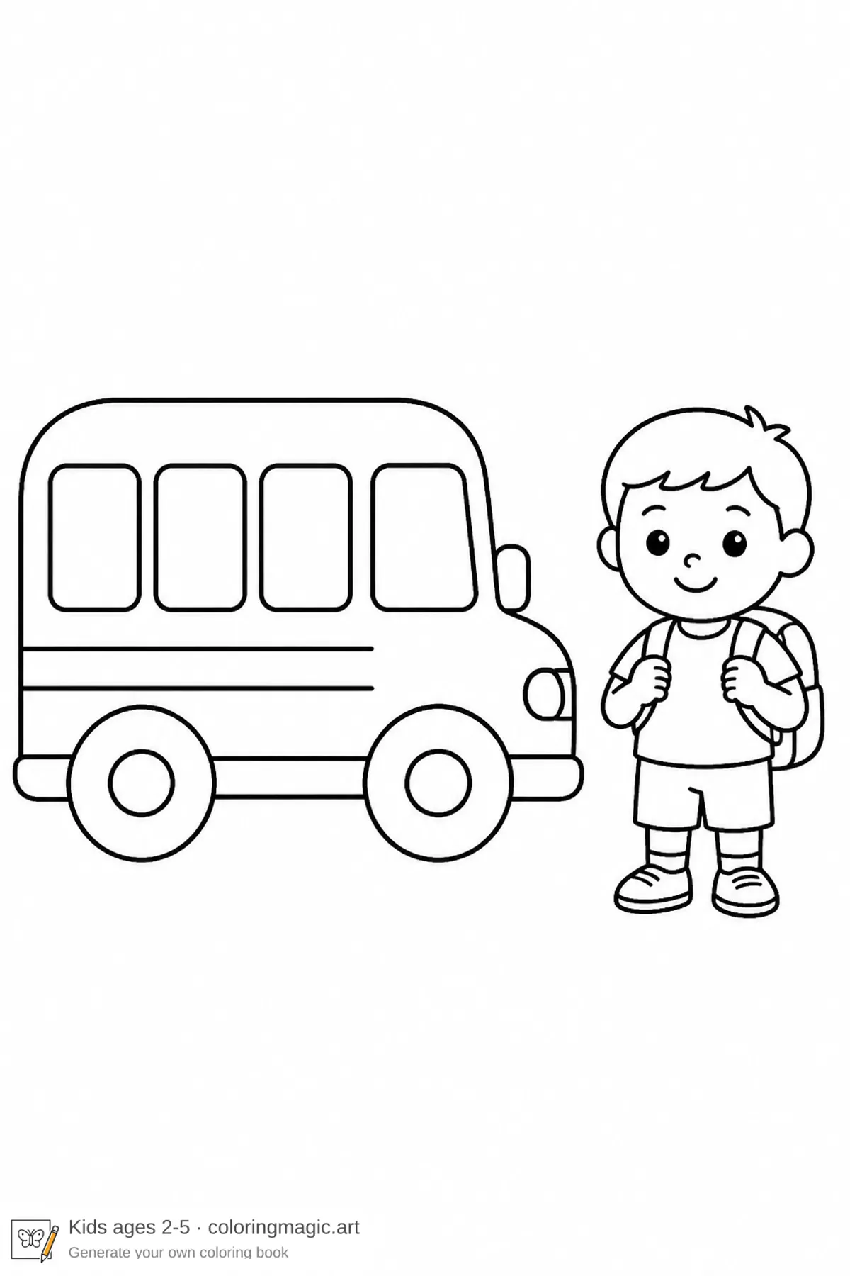 Scuolabus semplice e bambino con zaino — disegno da colorare stampabile per bambini piccoli 2 a 5 anni