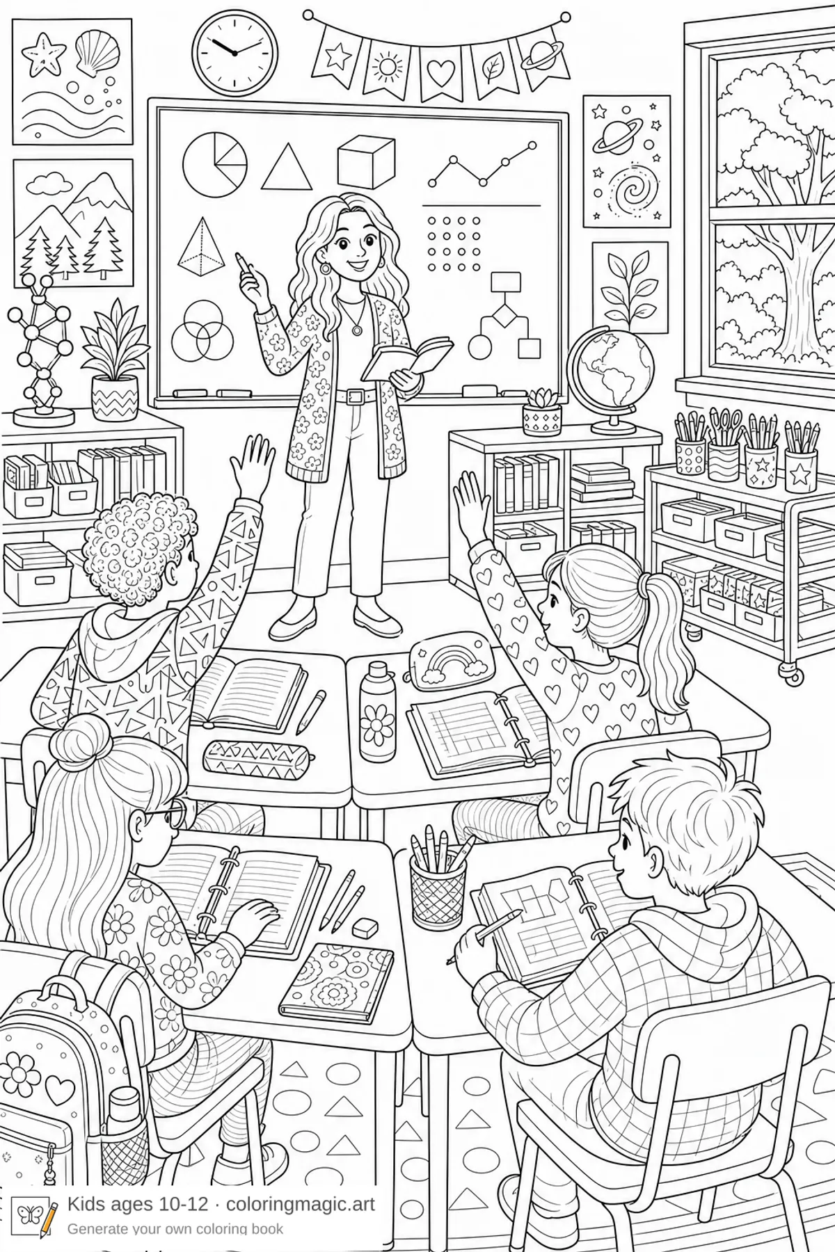 Page à colorier de bienvenue en classe avec l’enseignante au tableau et des élèves qui lèvent la main — scène de rentrée 10 à 12 ans