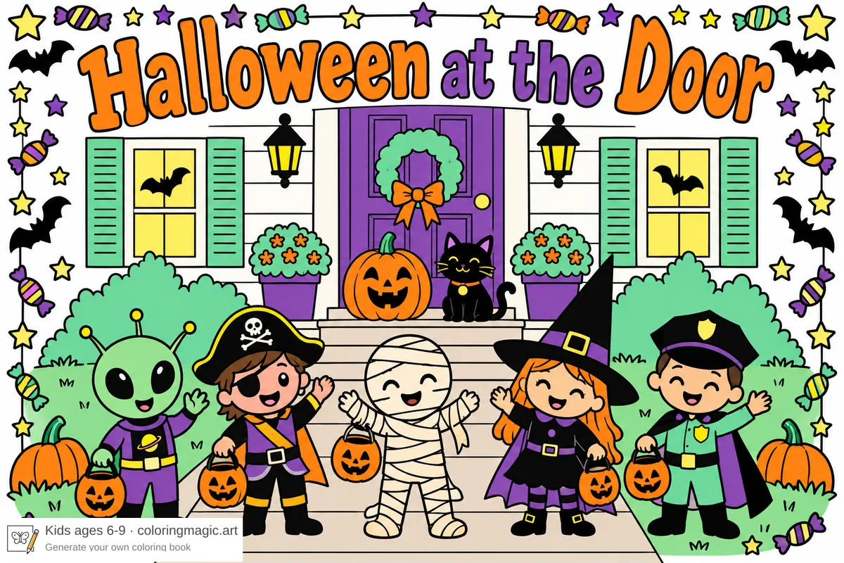 Halloween at the Door coloring page cover with five costumed kids, a black cat, and a pumpkin at the front door