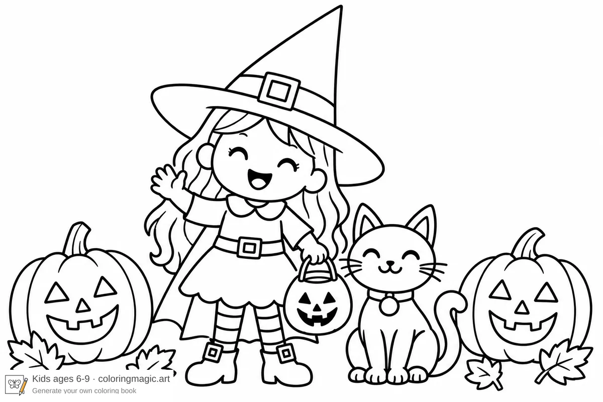 Halloween at the Door coloring book cover with an alien, space pirate, mummy, witch, and police officer at a front door