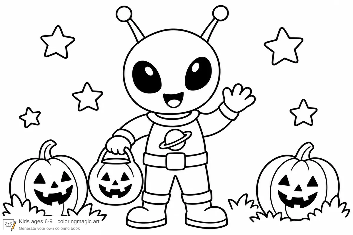 Little green alien coloring page in a spacesuit, waving, with a pumpkin bucket