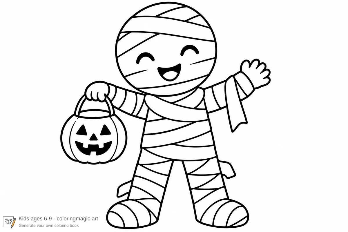 Smiling mummy coloring page wrapped in bandages, holding a pumpkin bucket and waving