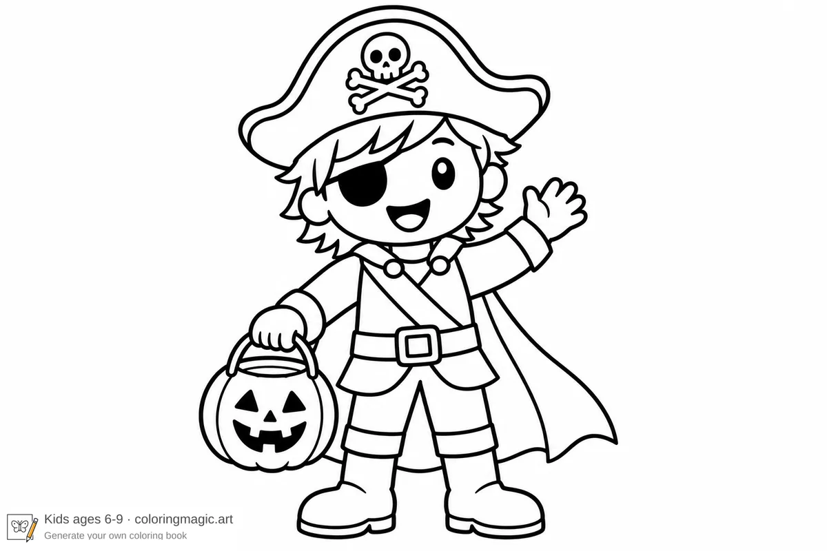 Pirate coloring page with an eyepatch, a skull hat, and a pumpkin bucket