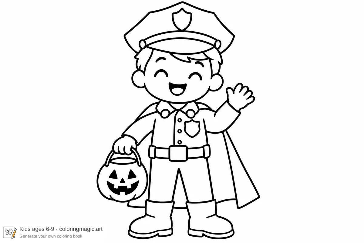 Police officer coloring page in a cape, waving, with a pumpkin bucket