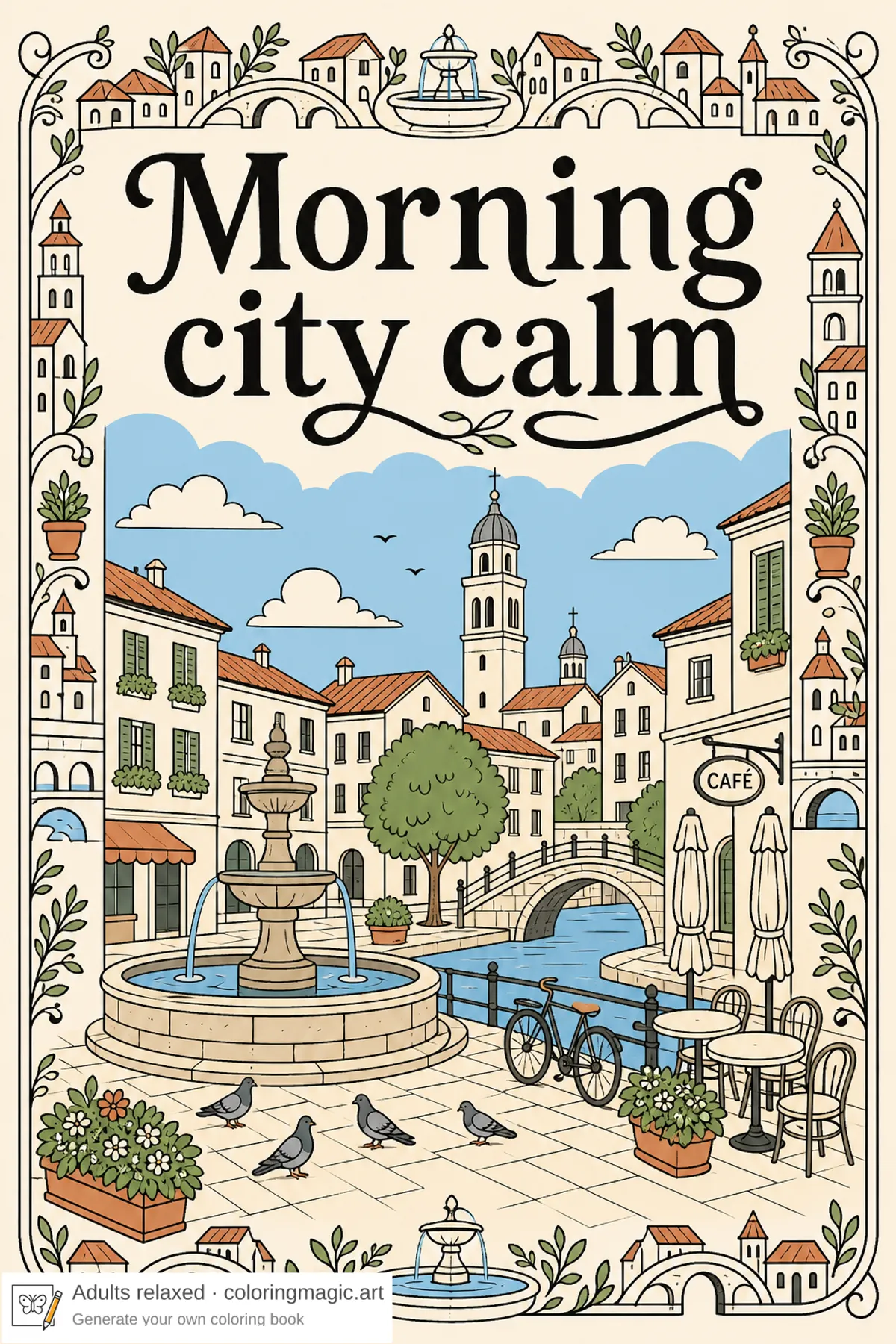 Coloring book editor with a full-color front cover, four outline coloring pages, and a matching full-color back cover