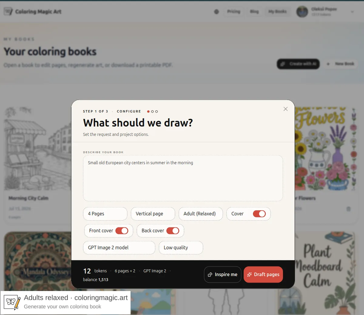 Book wizard configure step for a coloring page book with Cover, Front cover, and Back cover enabled for four pages