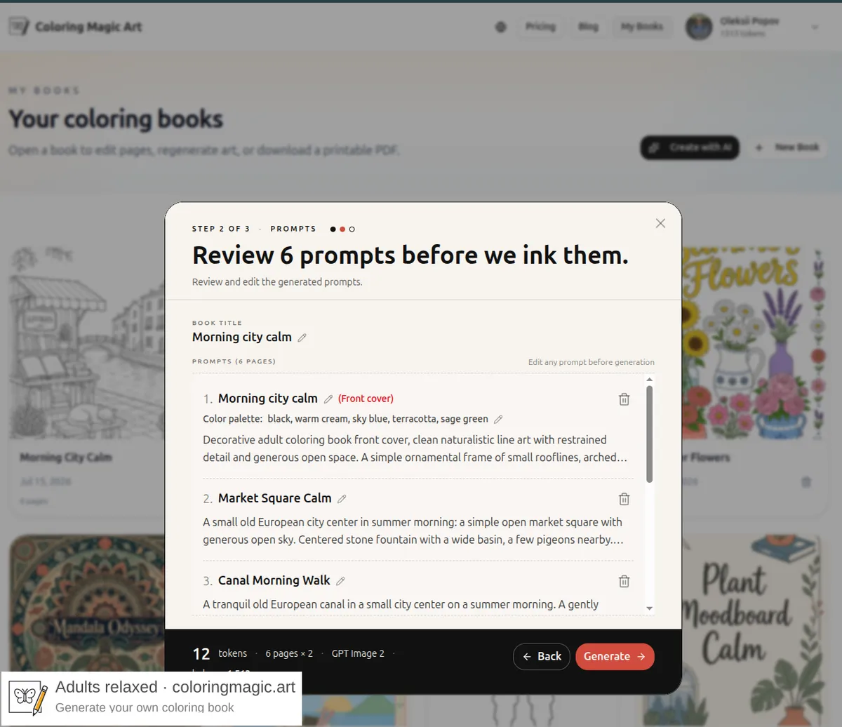 Book wizard prompts step reviewing six coloring page prompts including front cover title, color palette, and scene text