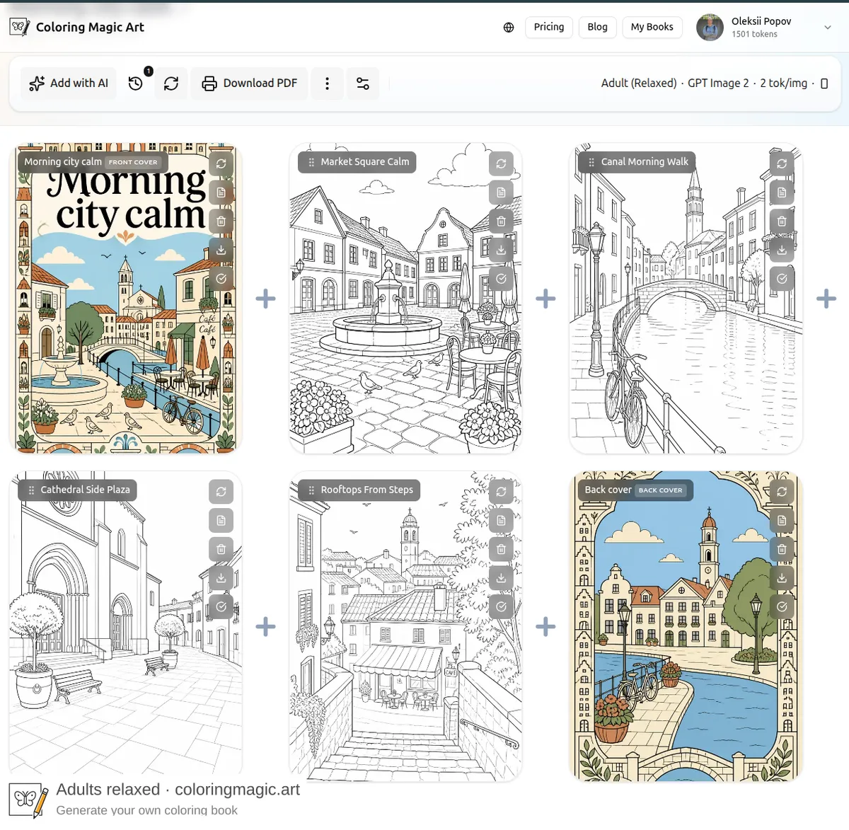 Coloring book editor after wizard generation showing a full-color front cover, outline coloring pages, and a full-color back cover