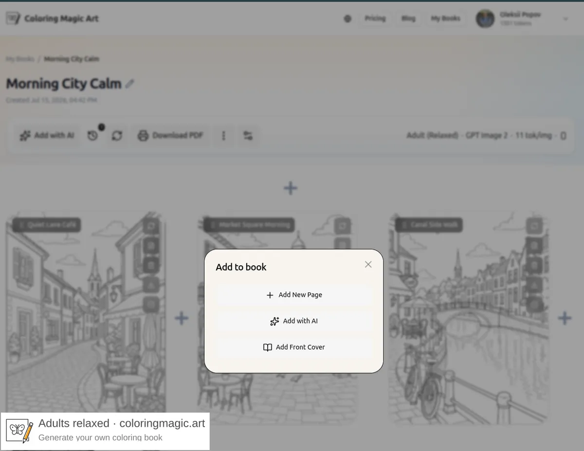 Coloring book editor Add to book menu with Add Front Cover option above existing outline coloring pages