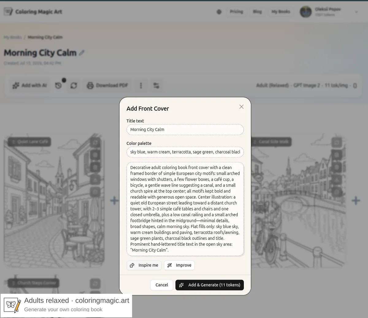 Add Front Cover dialog for a coloring page book with title text, color palette, and Inspire me scene prompt filled in