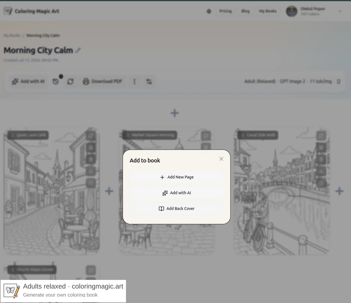 Coloring book editor Add to book menu showing Add Back Cover beside existing outline coloring pages