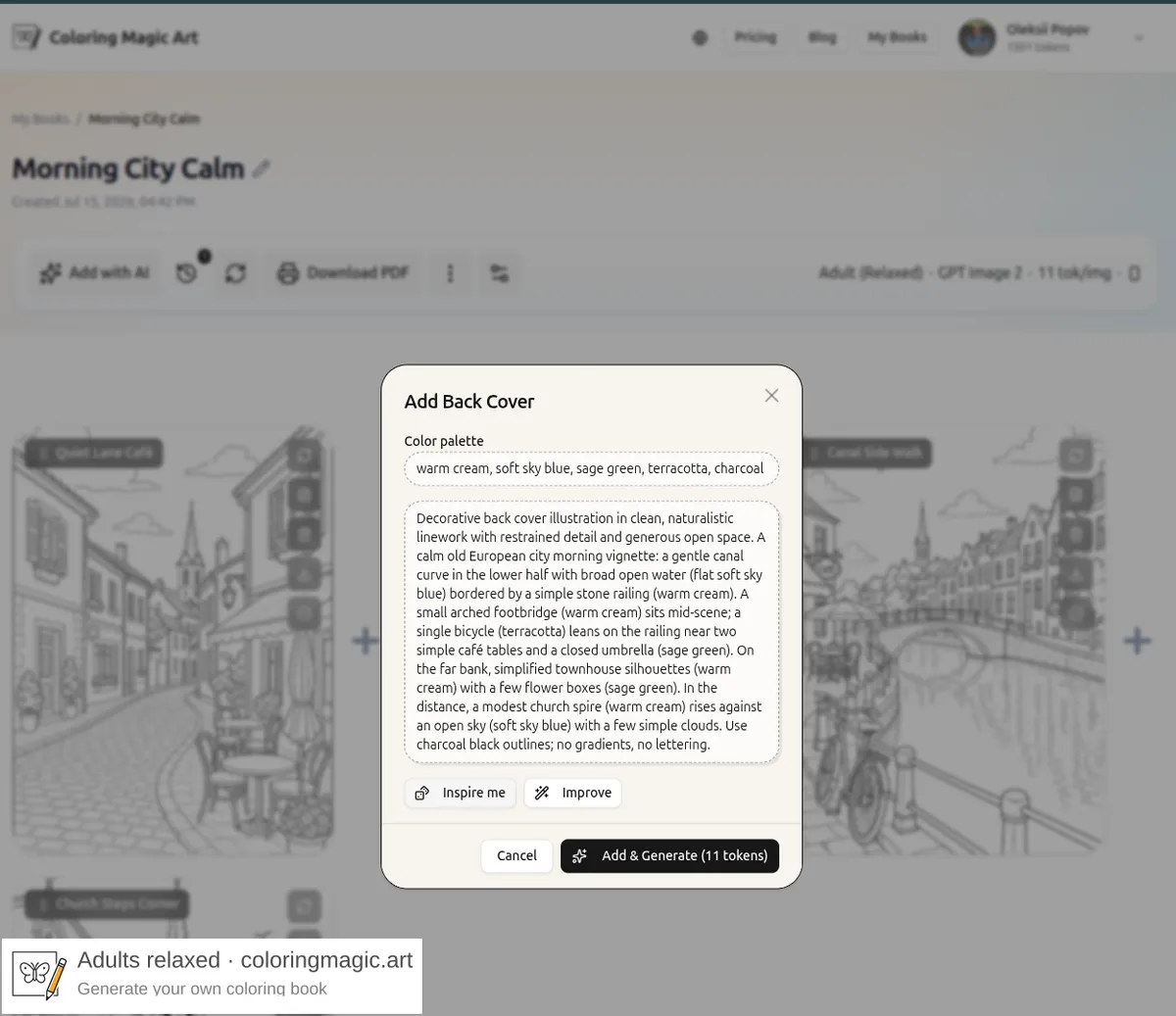 Add Back Cover dialog for a coloring page book with color palette and scene prompt drafted by Inspire me