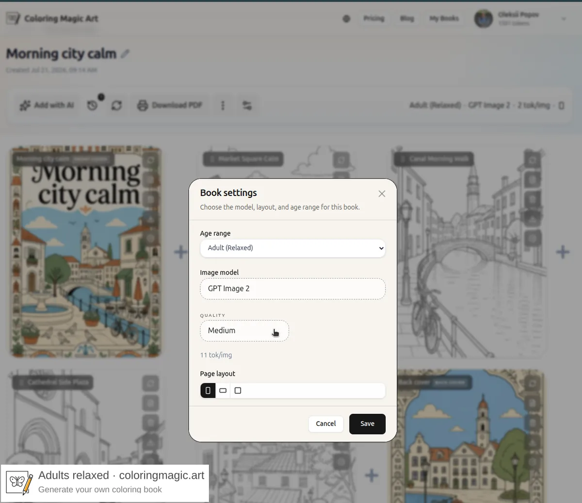 Book settings dialog for a coloring page book with quality set to Medium before regenerating covers and pages