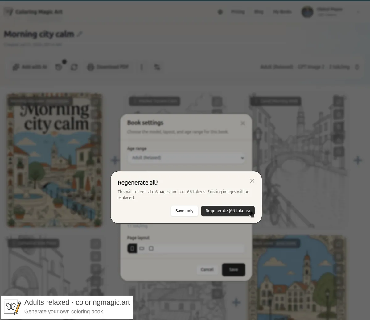 Regenerate all confirmation dialog showing six coloring pages including covers and the token cost