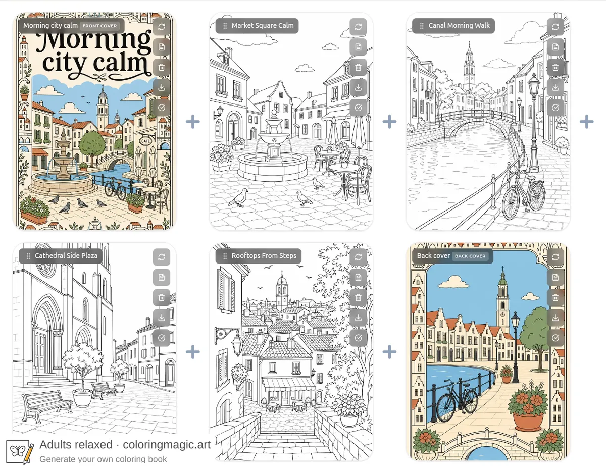 Coloring book editor with a full-color front cover, four outline coloring pages, and a matching full-color back cover