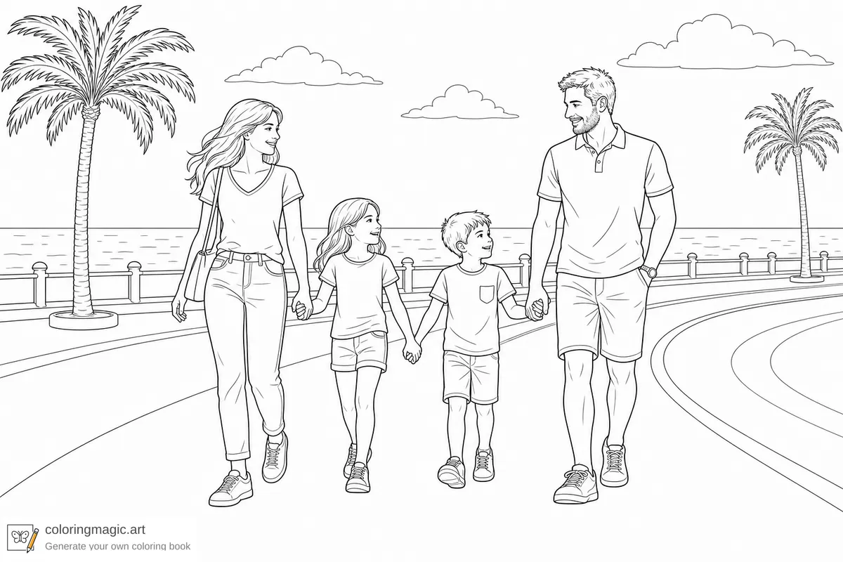 Familia paseando por la Promenade des Anglais, página para colorear de un libro de viaje a Niza de cuatro páginas