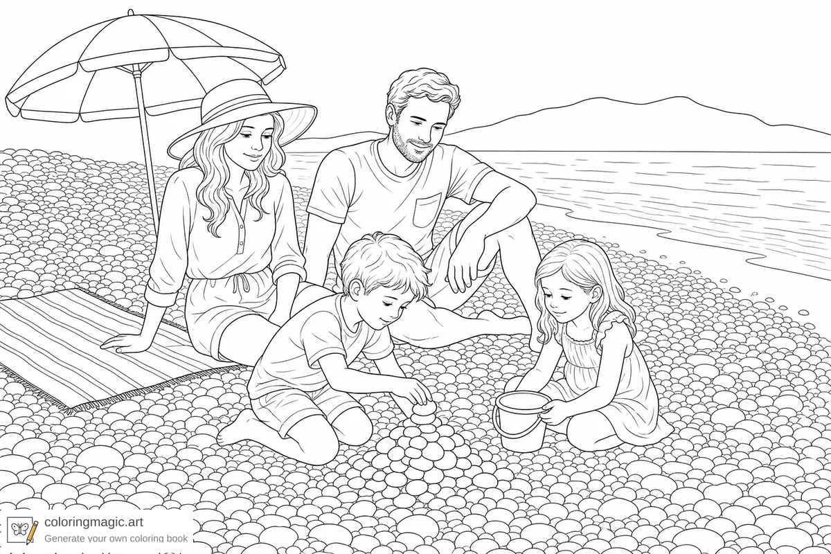 Familia sentada en una playa de guijarros, página para colorear con niños construyendo un montículo y sombrilla