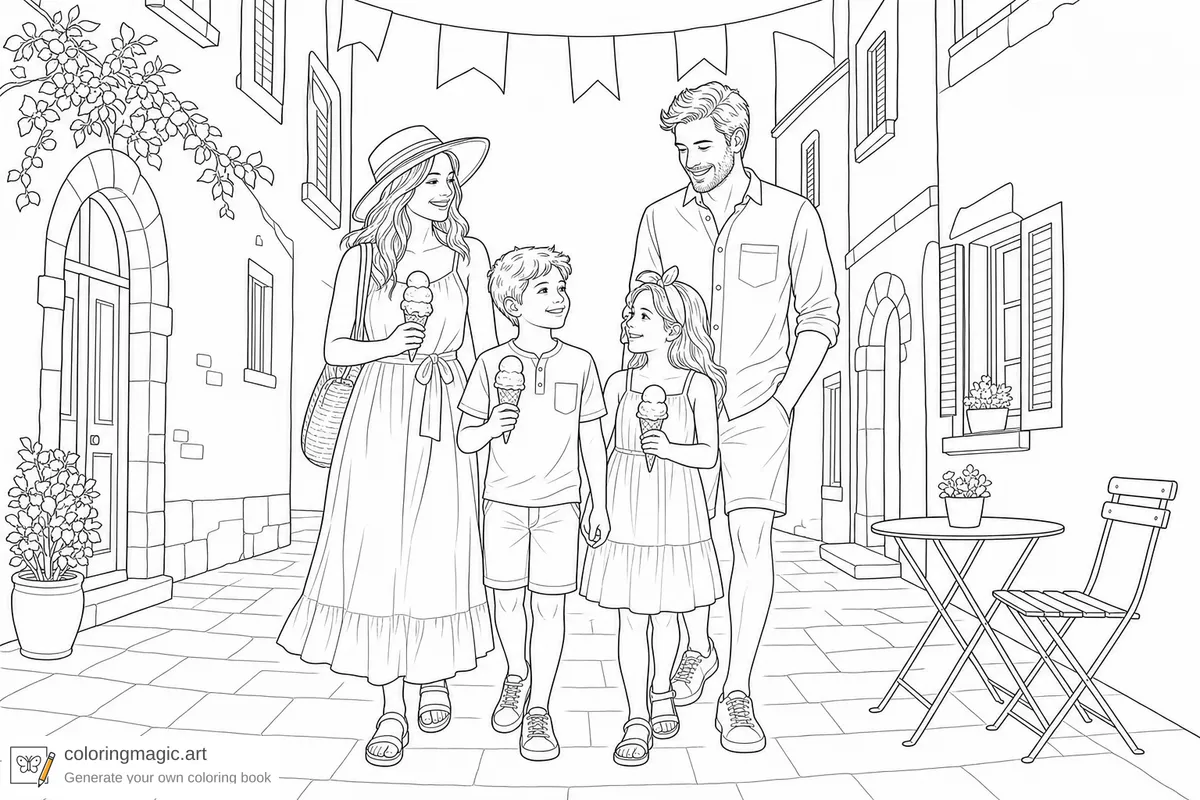 Familia con niños sosteniendo conos de helado en una calle soleada del casco antiguo, dibujo para colorear