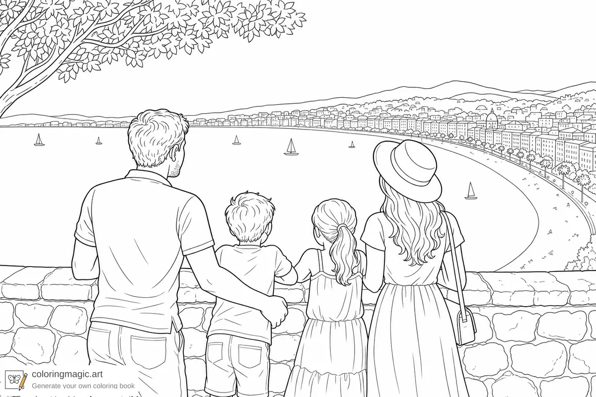 Familia en un mirador contemplando la bahía Baie des Anges, página para colorear con veleros y costa