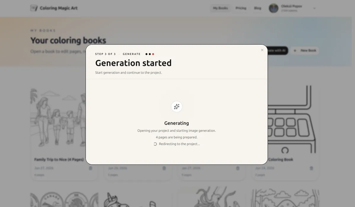 Asistente de libro con generación iniciada para un libro de cuatro páginas personalizado con redirección al editor, dibujo para colorear
