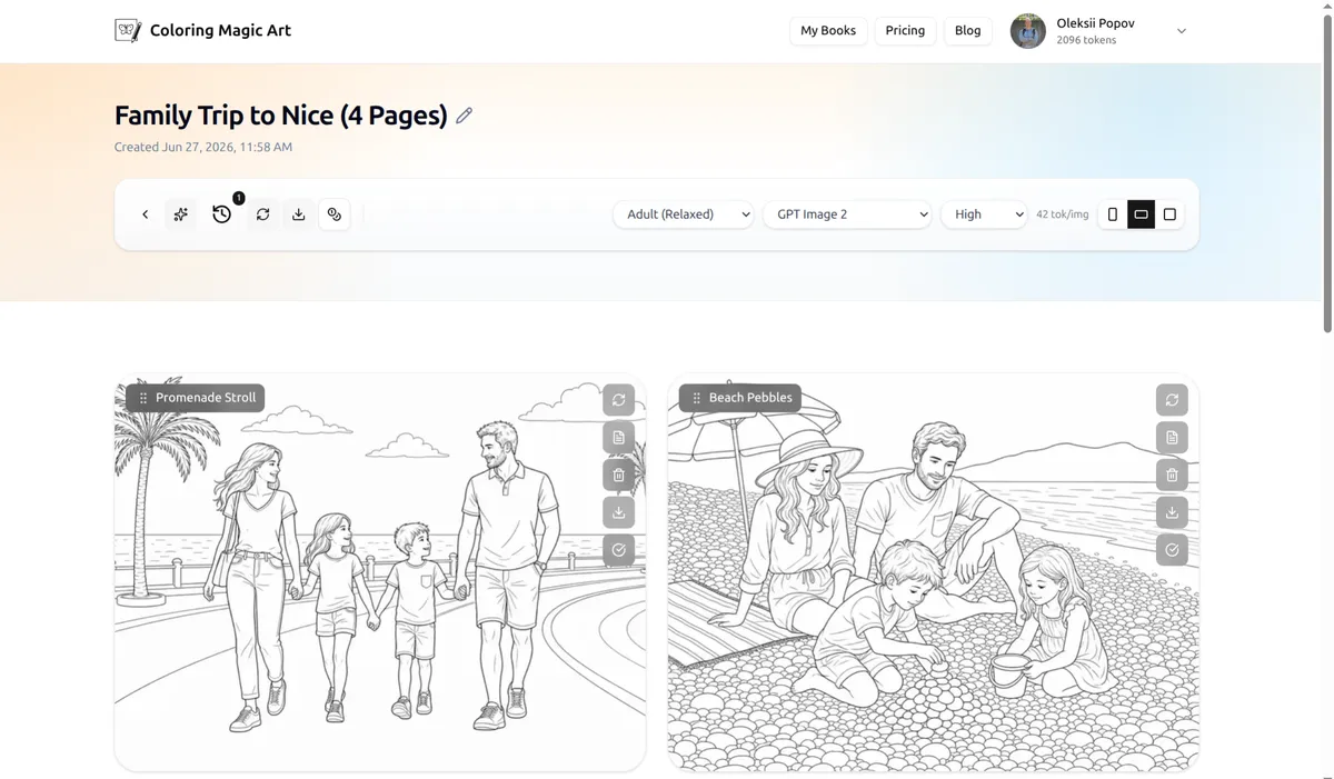 Editor mostrando página para colorear terminada del Paseo por el paseo marítimo y Guijarros en la playa con barra de descarga del libro Viaje familiar a Niza