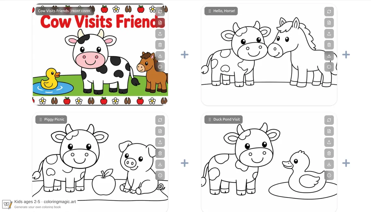 Cow Visits Friends coloring pages showing the same spotted cow on the cover and with a horse, pig, and duck