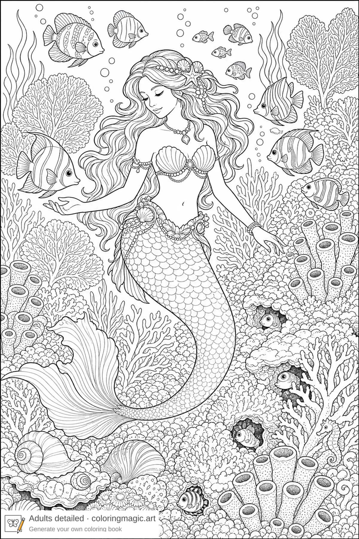 Detailed naturalistic mermaid floating above dense coral reef adult coloring page printable with tropical fish
