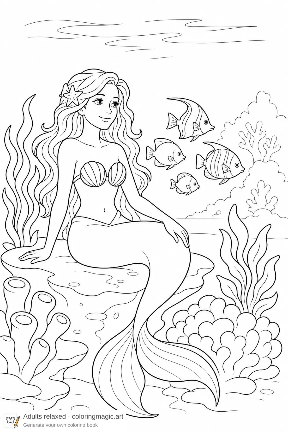 Naturalistic mermaid seated on coral ledge relaxed adult coloring page printable with tropical fish