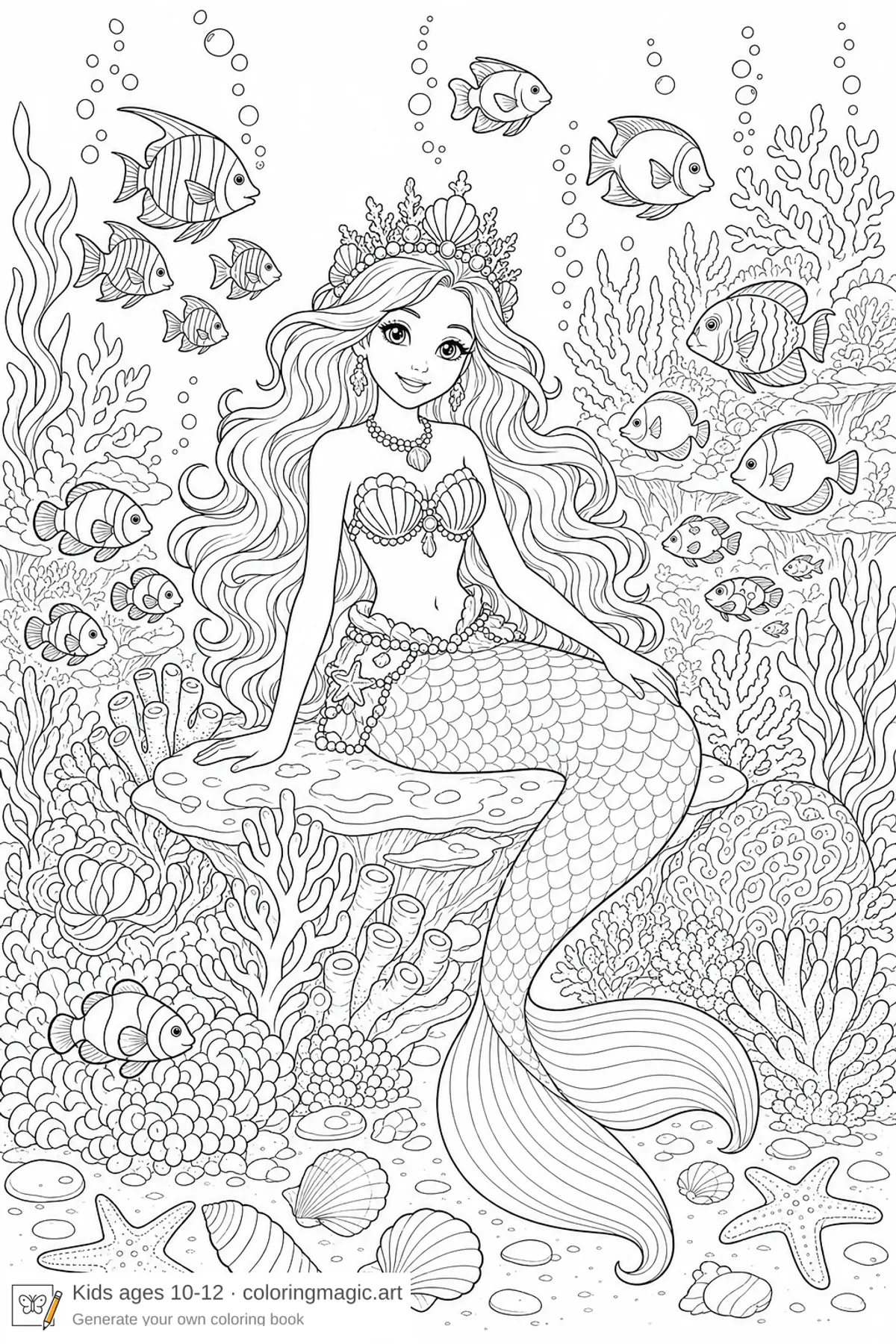 Mermaid with seashell crown on coral ledge detailed reef coloring page printable for kids ages 10 to 12