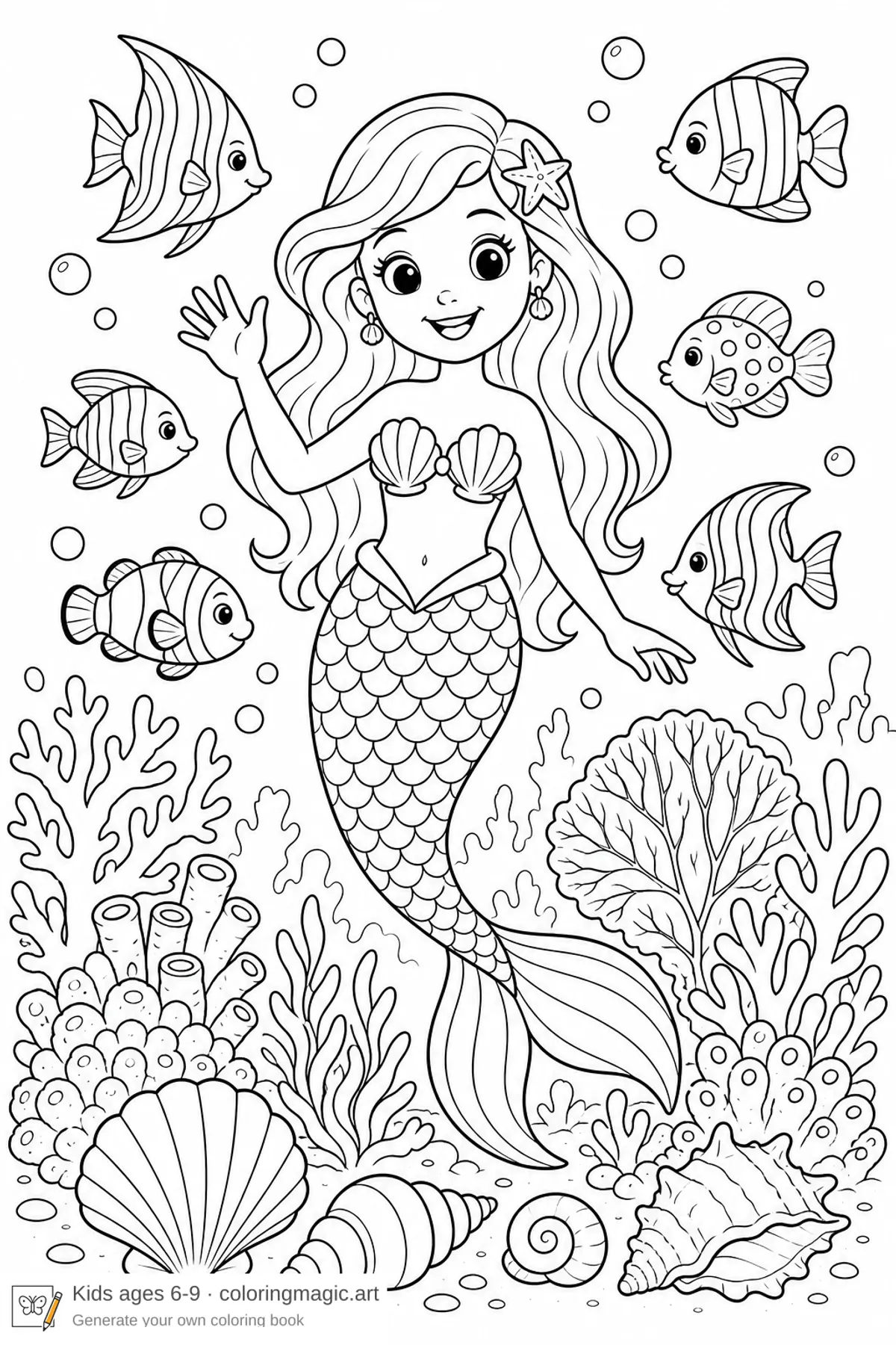 Mermaid waving in coral reef with tropical fish coloring page printable for kids ages 6 to 9