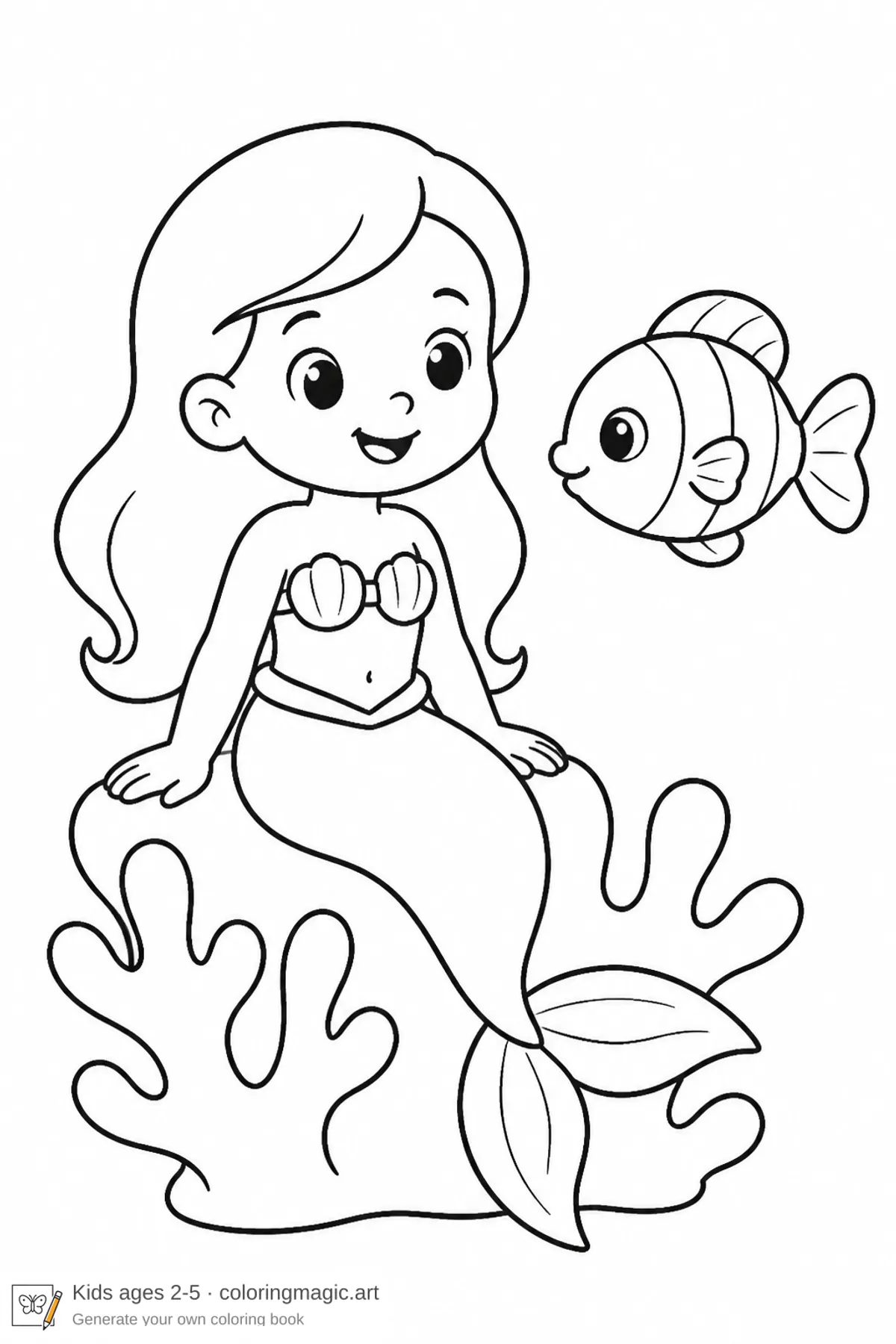 Simple mermaid sitting on coral with one tropical fish coloring page printable for kids ages 2 to 5