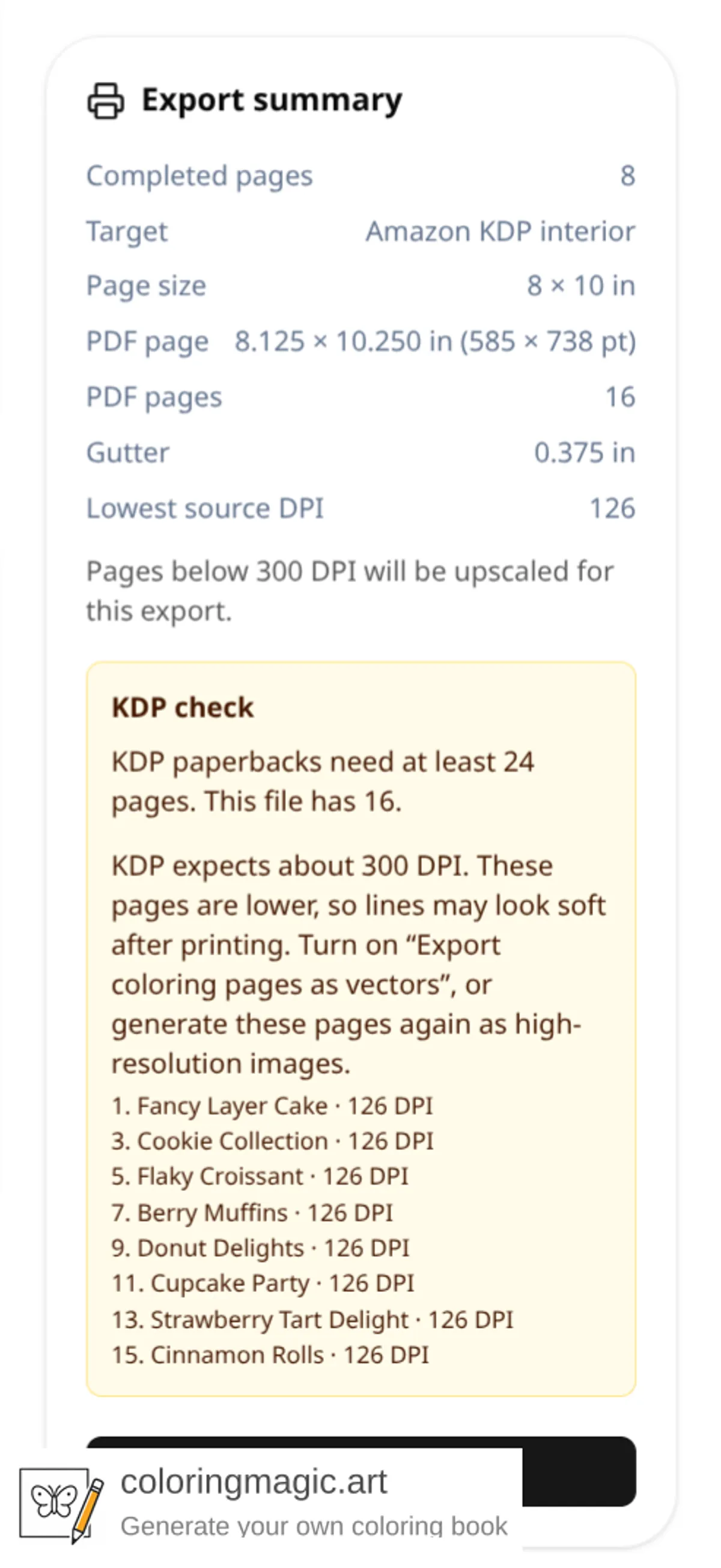 Export summary and KDP check for an 8 by 10 coloring page interior with bleed, noting 16 pages and listing coloring pages under 300 DPI