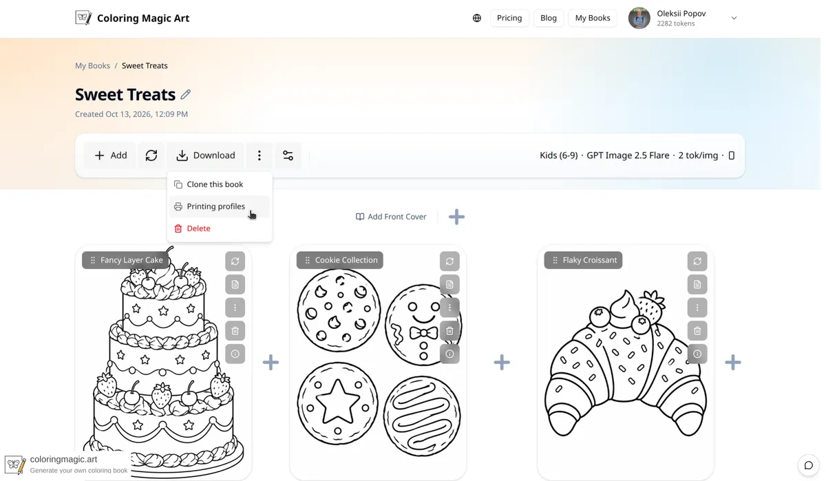 Sweet Treats coloring pages in the editor, with the menu next to Download open and Printing profiles highlighted